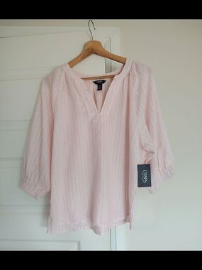 Chaps Light Pink Striped Linen Top